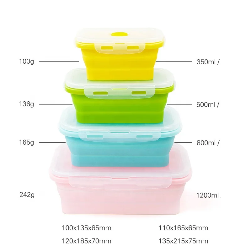 4 Pcs Bpa Free Food Grade Silicone Folding Foldable Microwavable Food Containers Collapsible Lunch Box Set Silicon Food Storage