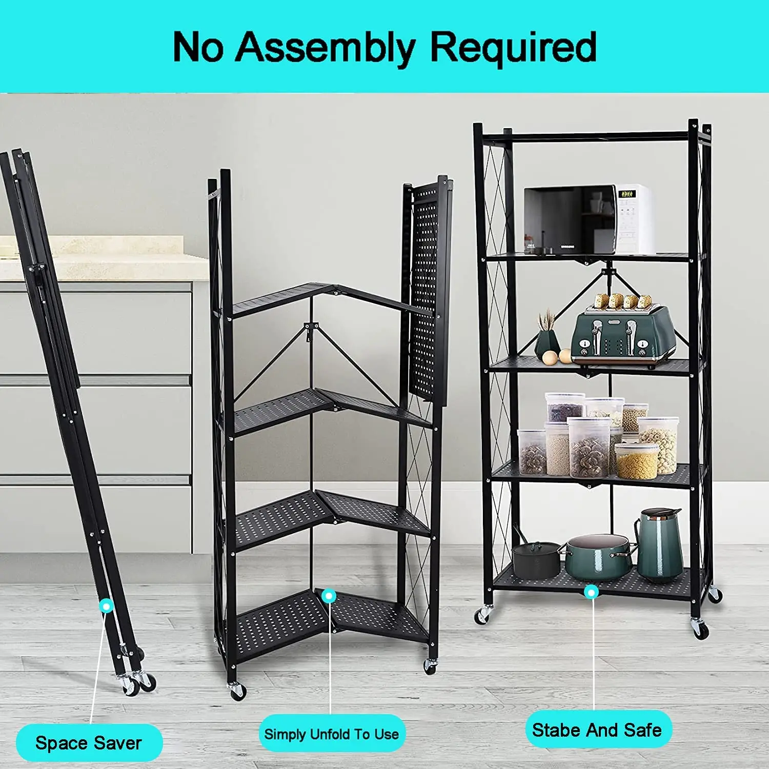 Metal Heavy Duty Storage Shelf  5-Tier Foldable free Standing Shelf Units Storage Rack with Wheels
