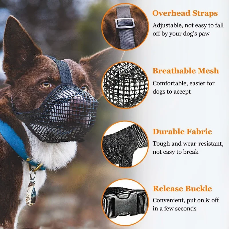 Soft Nylon Mesh Dog Muzzle Breathable Reflective Pet Mouth Cover For Small Medium Large Dogs Prevents Biting Barking