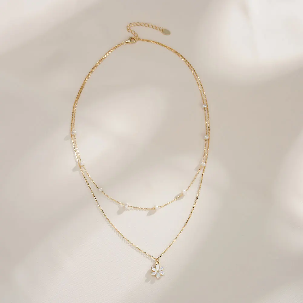 fashion 925 sterling silver double layer natural freshwater pearl gold plated necklace flower necklace jewelry for women