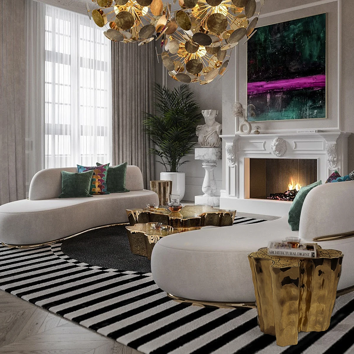 Unique Side Table Set with Polished Casted Brass and Engraved Golden Tree Design