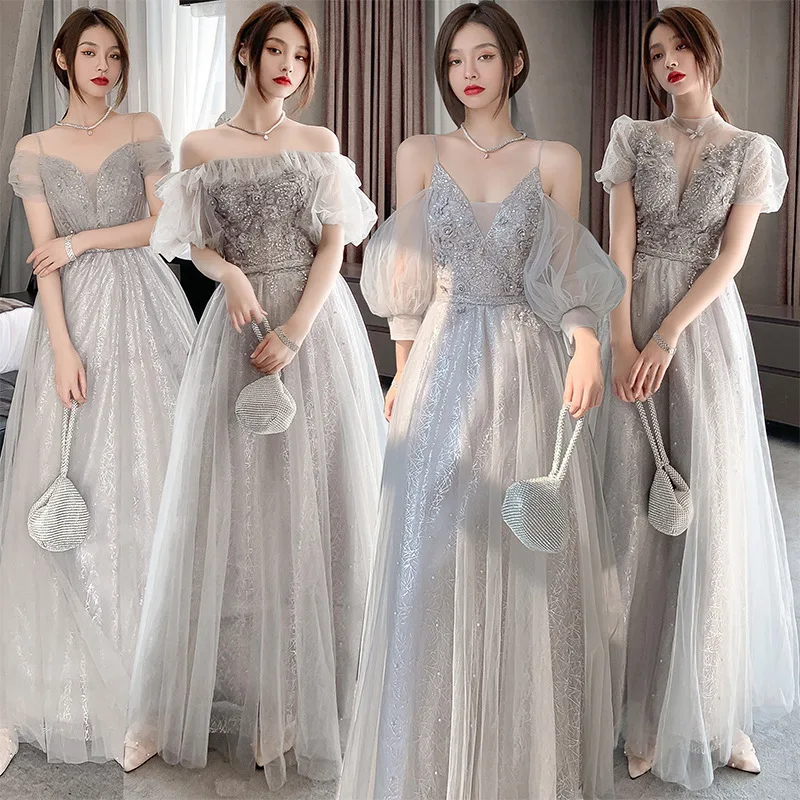 Grey Glittering  Bridesmaid Wedding Dress Women Fairy 2021 Sisters Long Flare Satin Tulle Evening Dress