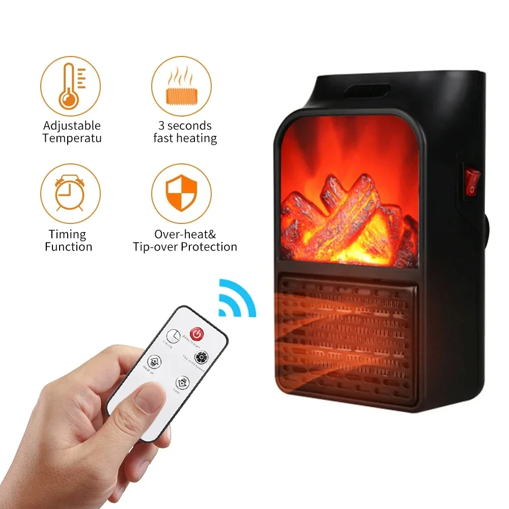 Portable Electric Fan Heater 3D Flame Effect Fan Blower With Remote Control For Winter Home