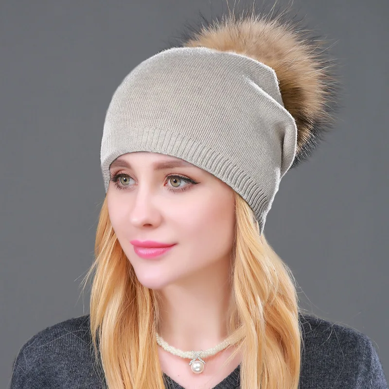 Factory Wholesale Winter Knitted Beanie Hat For Women Real Fur Pom Pom Hats Soft Warm Cashmere Wool Knitted Beanie Hats