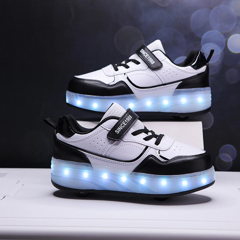 Aikuass LED Light up USB chargeable Roller Shoes Leather Upper Wheeled Skate Sneaker for Boys & Girls Christmas & Birthday Gifts