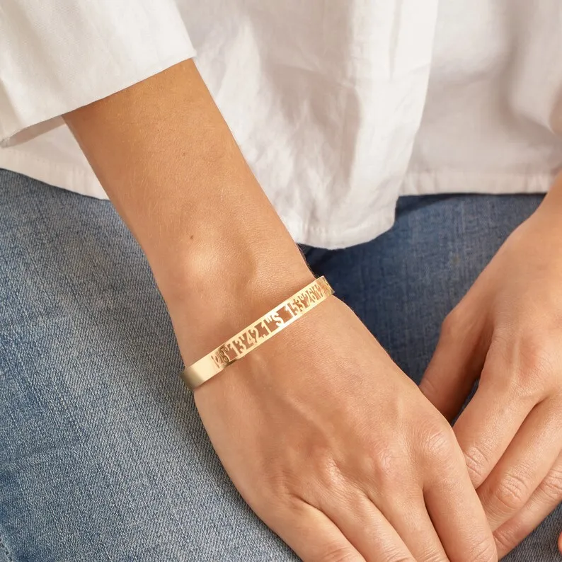 Cutout Coordinate Bracelet Custom Location Coordinates Cuff Bracelet Personalized Message Bangle Anniversary Gift Wedding Gift