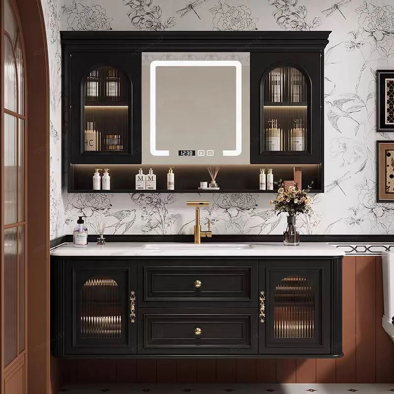 American Vintage Style Wall Mount Floating Luxury Hotel Bathroom Cabinet Vanities Set With Drawers And Mirror