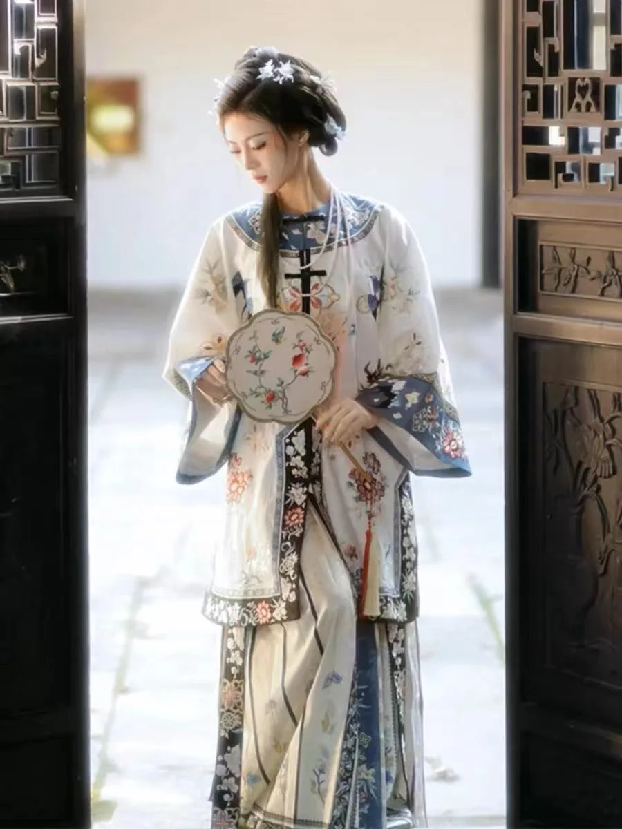 2024 Qing Han female Hanfu new Chinese retro national style printed blouse court style Qing Dynasty costume horse skirt set