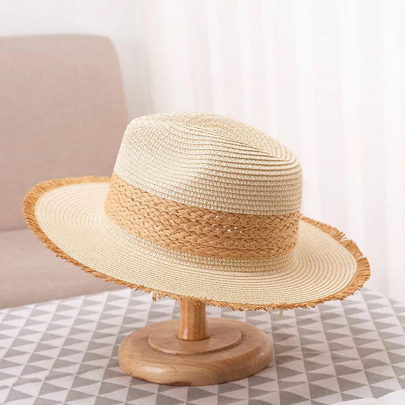 Summer vintage matching color fur border sunblock Korean version ladies wide flat brim hat jazz top hat Bohemian straw hat