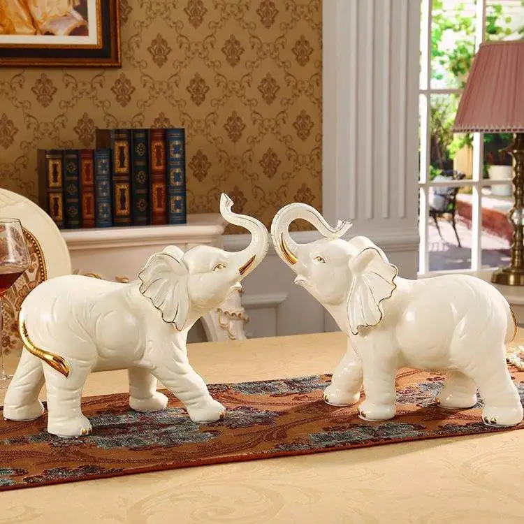 Elegant White Elephant Living Room Lucky Decoration 2Pcs Ceramic Elefante Set European Style Ceramic Elephant Figurine