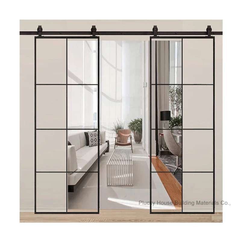 Modern style double leaf narrow aluminum sliding barn door with glass