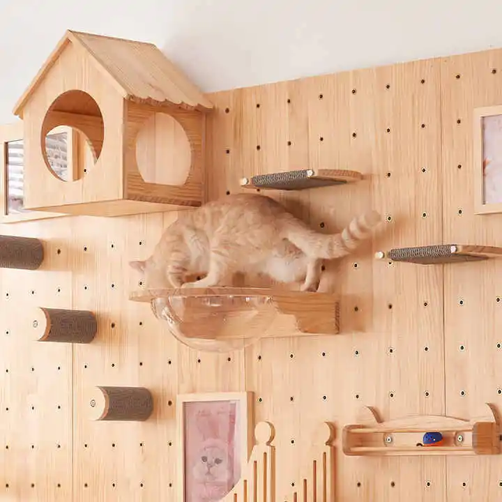 DIY splicing design Solid Wood Cat Climbing Frame Column Wall Wood Pet Furniture Mounted Cat Wall Shelves