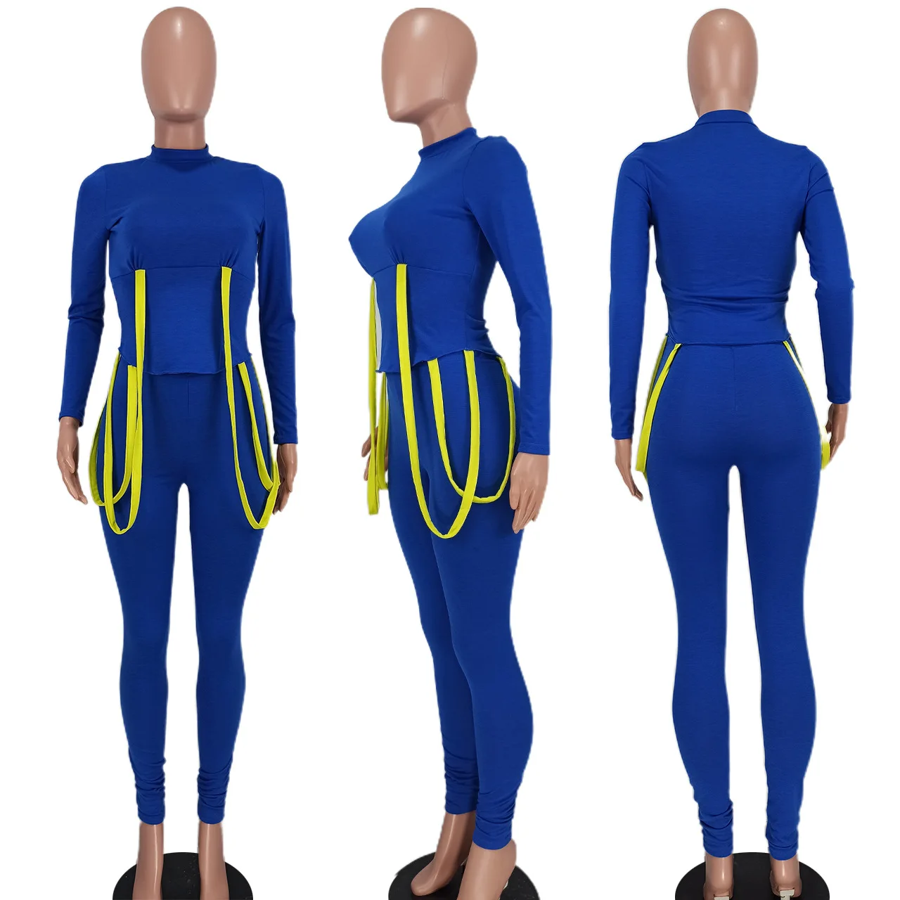 Wholesale Lace Up Top and Leggings 2 Piece Sets Sexy Fitness Contrast Color Jogger Set Knit Two Piece Elastic Pants Outfits