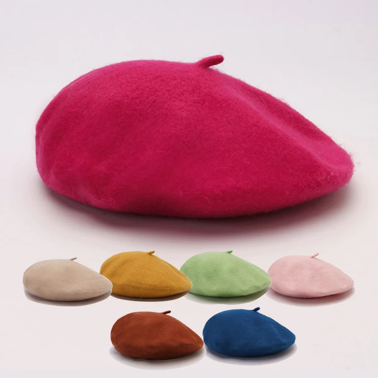 Adults Female Flat Top Comfortable French Wool Acrylic Women Pink Beret Beanie Hat