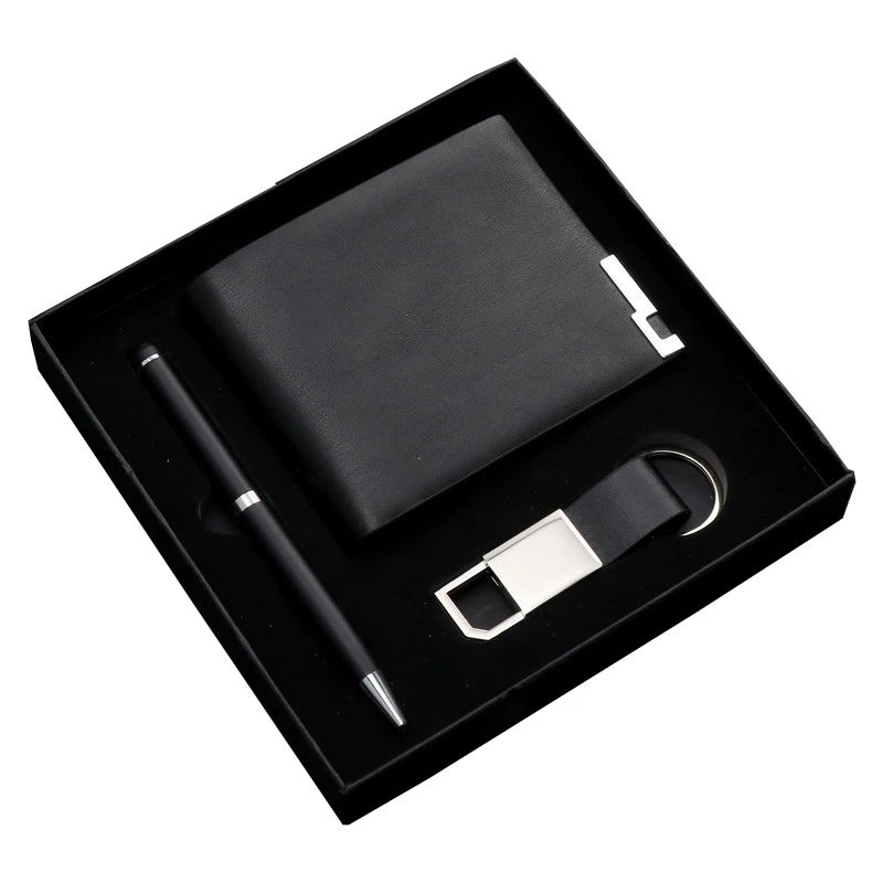 Hot selling classic black keychain men wallet pen gift set Cajas De Regalo man custom logo Corporate Gift Set Luxury Promotional