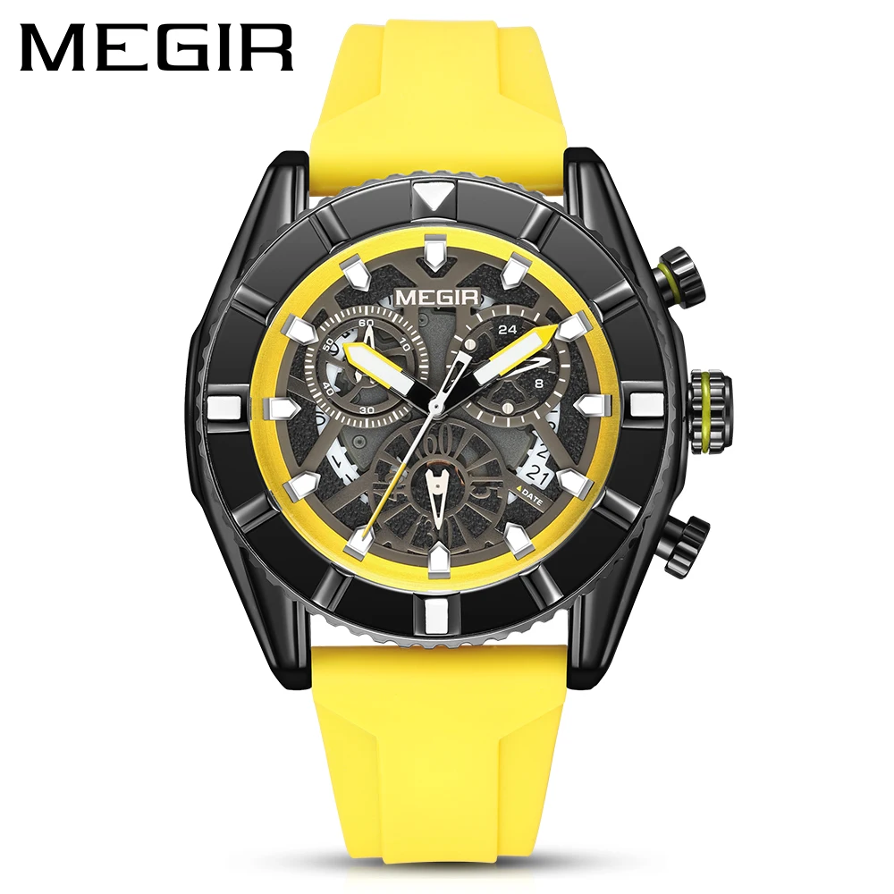 MEGIR 2209 Sport Watches for Men Fashion Chronograph Quartz Wristwatch Man Yellow Silicone Strap Waterproof Watch