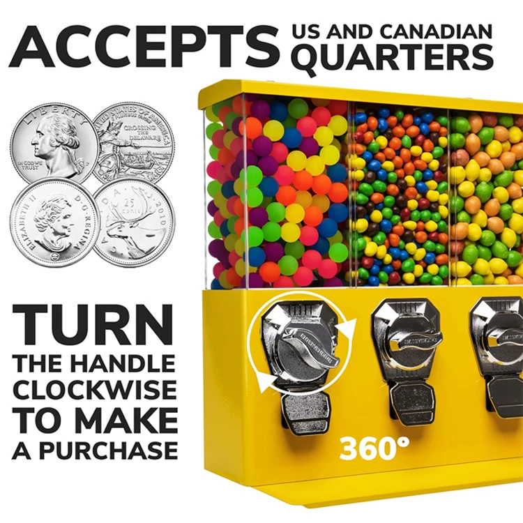 Coin operated red classic candy vending machine business triple compartment gumball dispenser candy vending machine with Stand