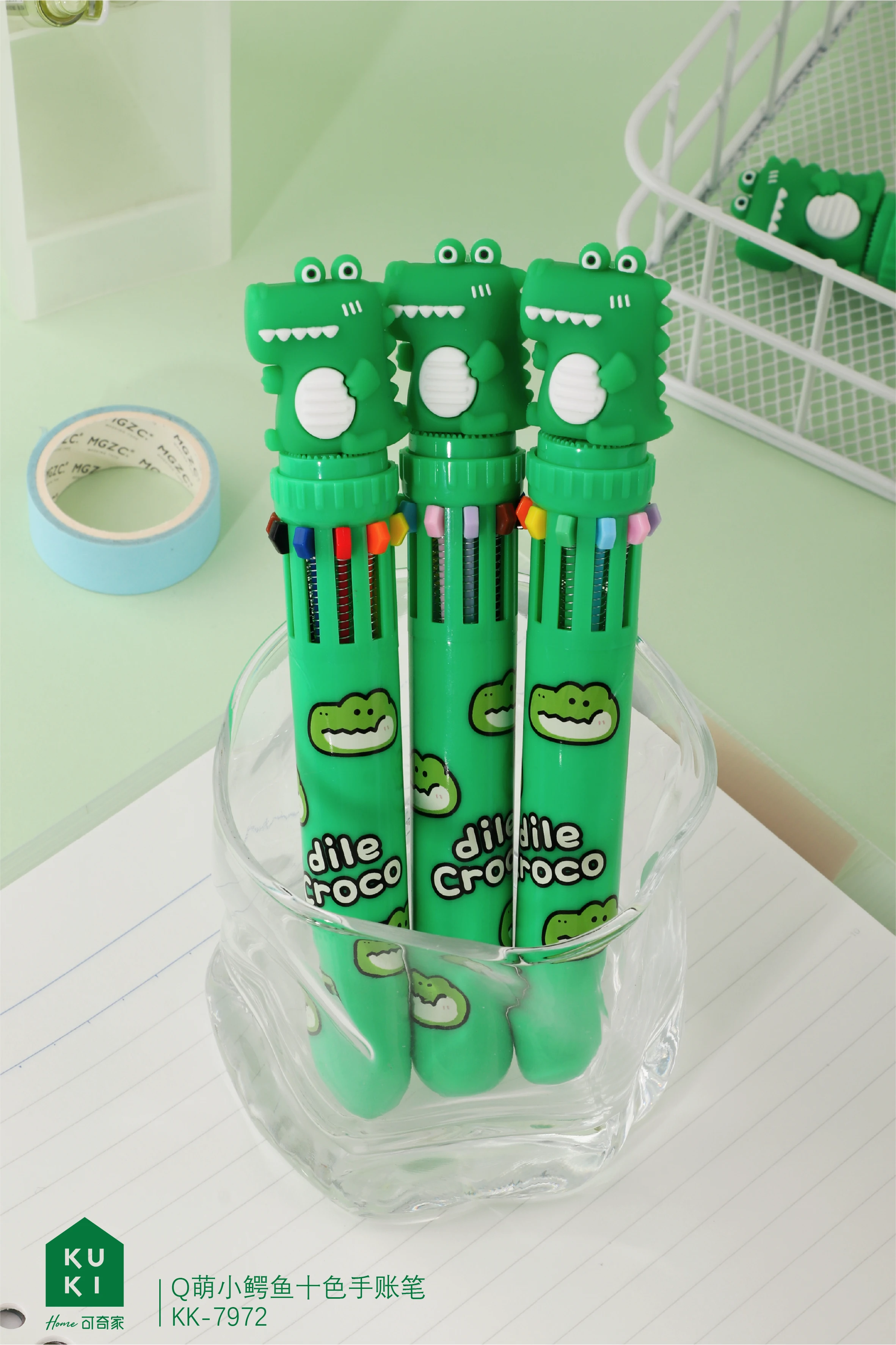 Kids kawaii cartoon green cute crocodile plastic multi 10 color ballpoint pen