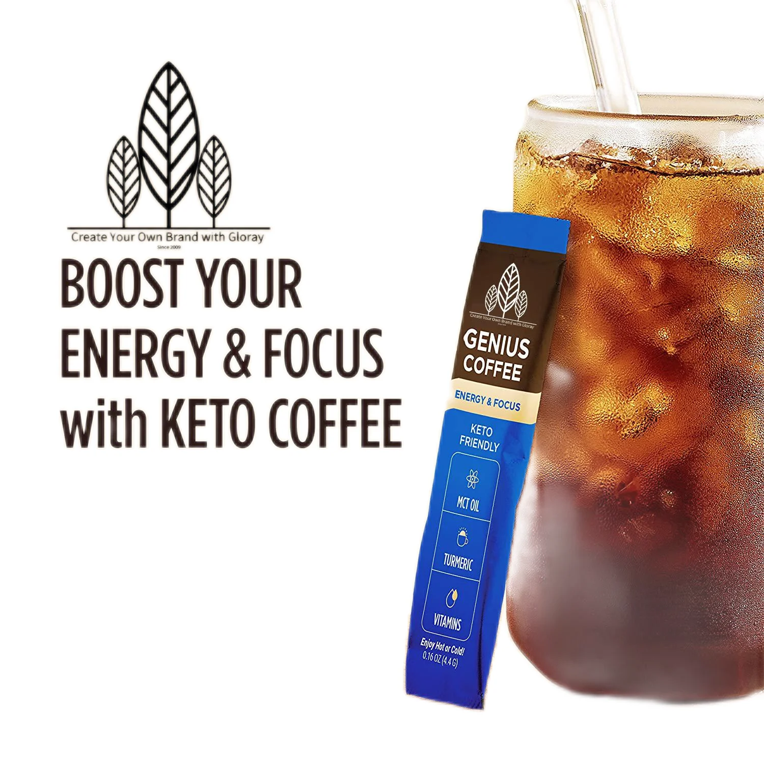 Genius Keto Coffee Powder Increase Energy Focus Serve Hot or Cold Brew MCT Oil Turmeric Factory Supply OEM