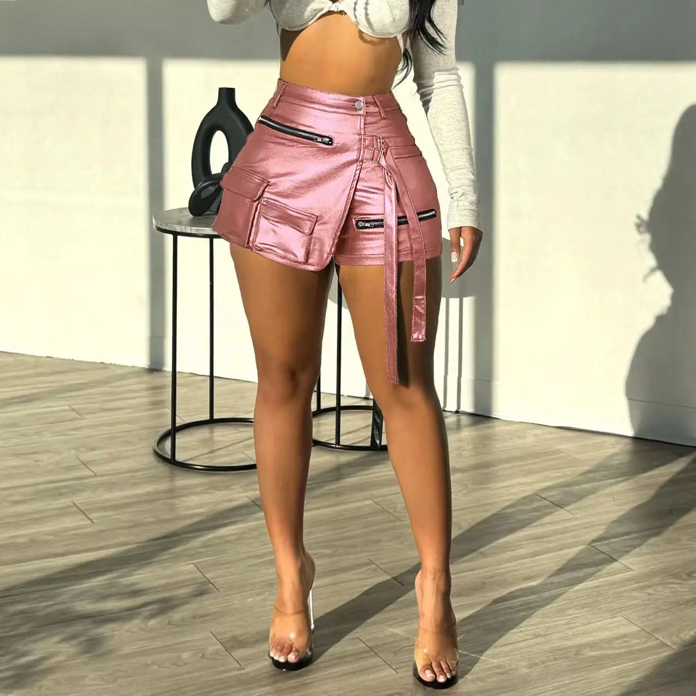 New Women neon green Shiny PU Short  Skirts Pants High Waist Pockets Cargo Shorts Lady Casual Summer Overalls Pants