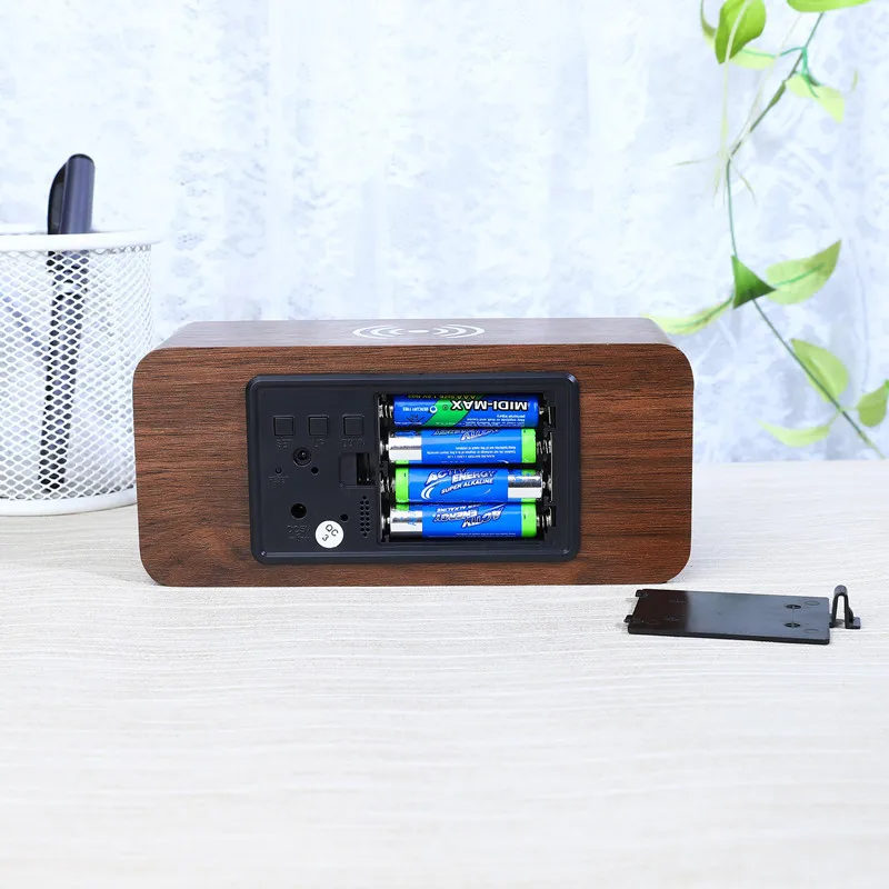 Product wooden alarm clock wireless charger FM radio alarm clock wood phone  wireless charger alarm clock