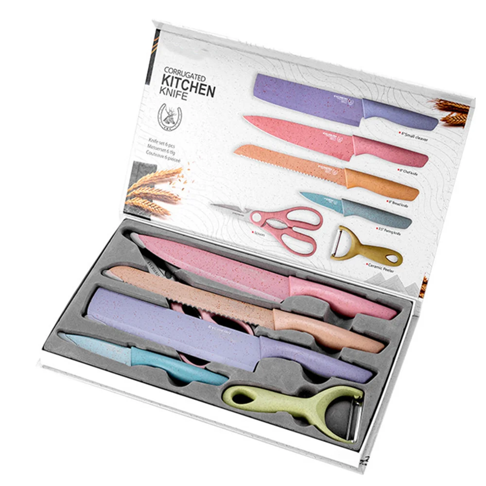 6 Piece Colored Sharp Professional Kitchen Chef Knives Set with Gift Box Environmental Wheat Straw Non-Stick Coating for Cooking