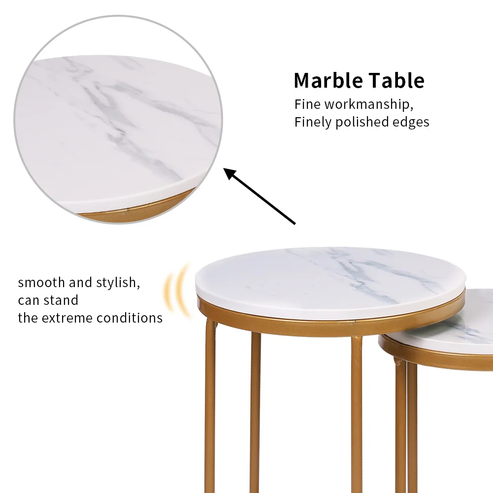 Set of 2 Nesting Table Modern Marble Nightstanding Side Tables Round Coffee End Tables Metal Frame for Living Room Bedroom