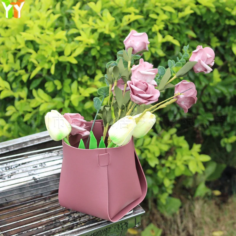 YY Home Decor PU Fake Flower Arrangement Container Leather Flower Basket Fake Flower Storage Box