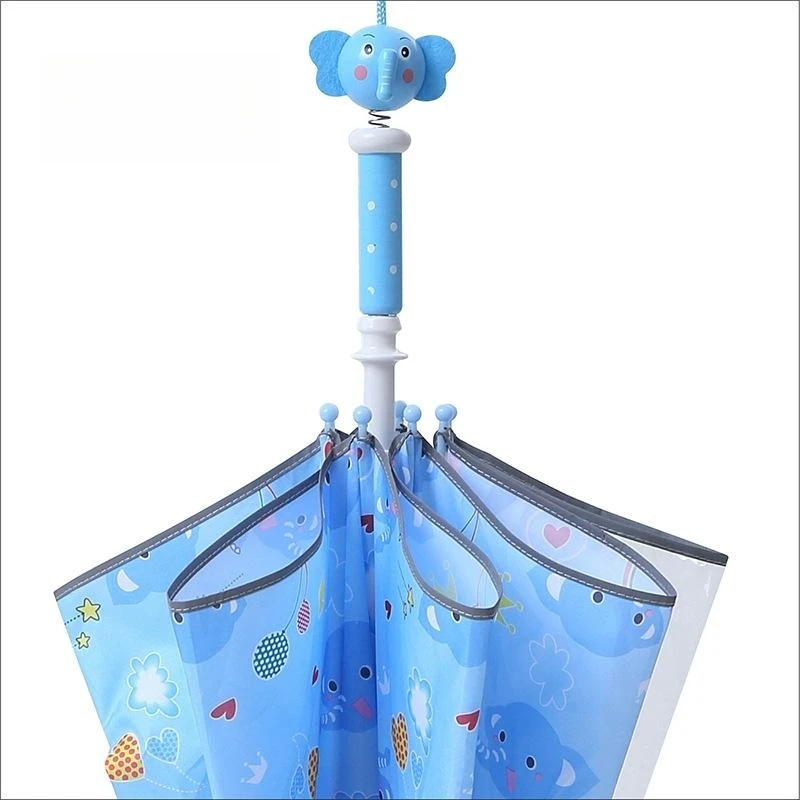 Cute rabbit boy and girl safety reflective strip umbrella with creative cartoon wooden spring handle