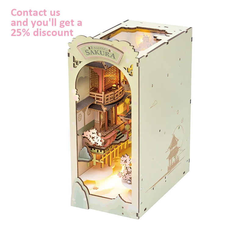 Robotime Rolife Contact Get 25% off 3D Wooden Puzzles TGB05 Falling Sakura Book Nook  DIY Miniature Doll House