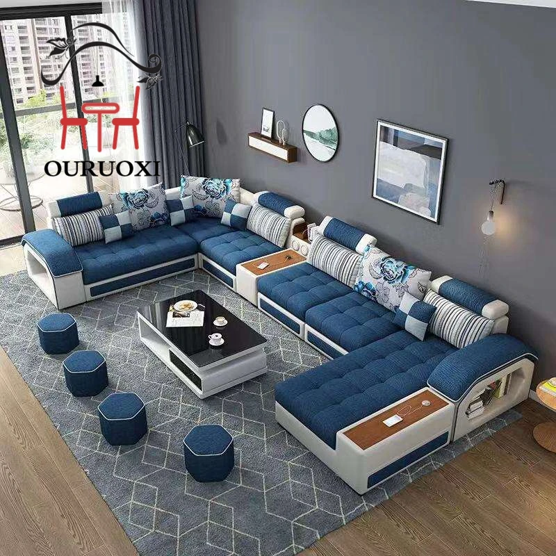 U Shape 7 Seater Sofa Fabric Modern Design Sofa Set Furniture Living Room Sofa