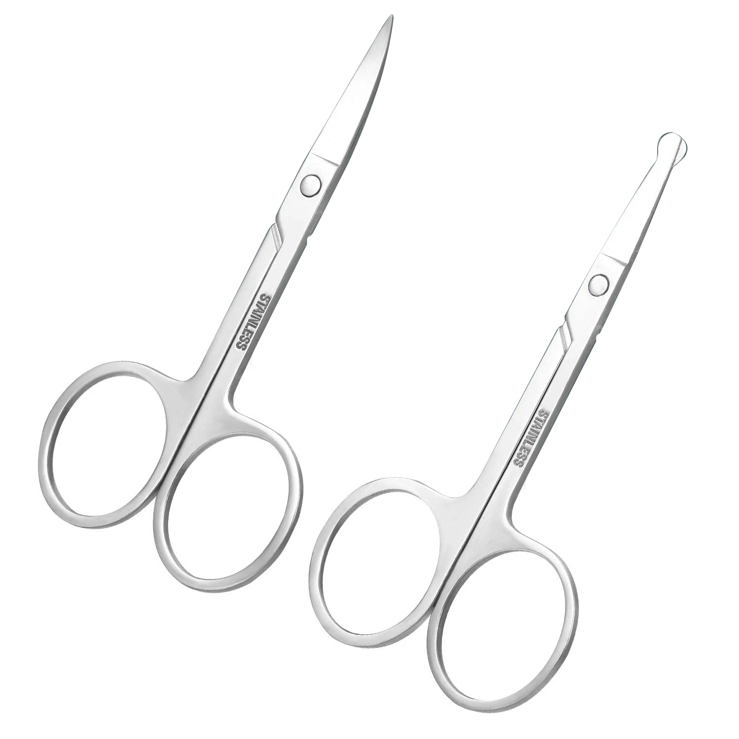 2PCS Stainless Steel Eyebrow Mustache Trimming Curved Scissor Nose Hair Round Scissor for Men
