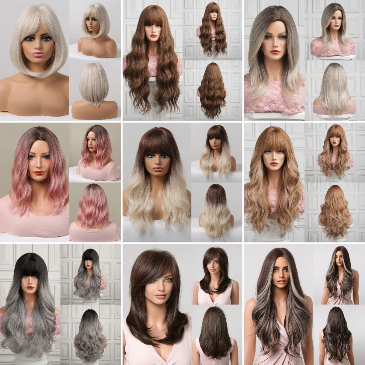 Wholesale Ombre Brown Wig with Bangs Synthetic Hair Wigs for Women Long Wavy Heat Resistant Synthetic Wigs