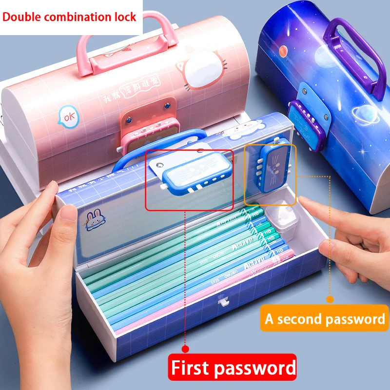 Large Capacity Cartoon Stationery High Quality School Gift Password Lock Stationery Box Multi-functional Children Pencil Case