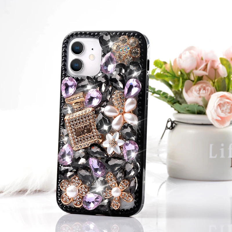 Handmade Luxury Crystal Gem Rhinestone Back Cover Case Diamond Perfume Bottle Protective Phone Case  For Iphone 12 13 14 Pro Max