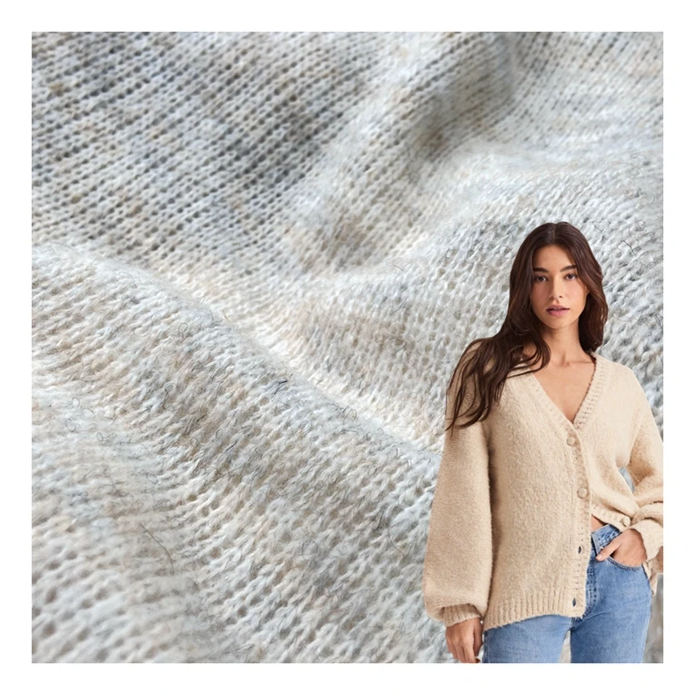 Soft acrylic polyester nylon wool stretch knit coarse needle rib 210GSM brushed hacci fabric for cardigan