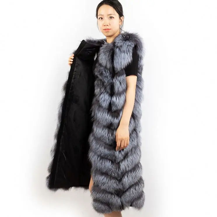 DH IATOYW 2019 Popular Women Real Fox Fur Gilet 110cm Long Wholesale Winter Silver Fox Fur Vest