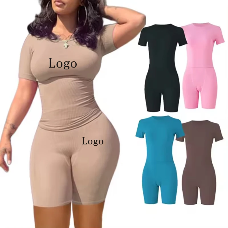 Custom Logo Summer Wholesale Knitted Ribbed Short Sleeve Top Short Pants Casual Bodycon Women 2 Piece Skinny Set