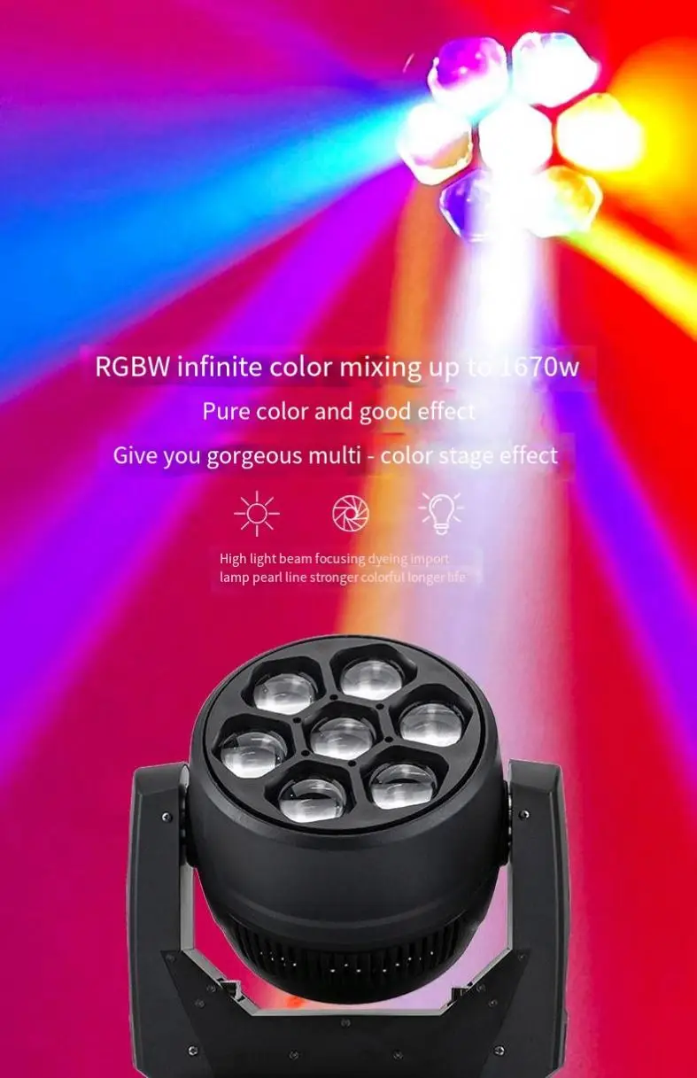 Concert Stage DMX  Movinghead 7x40w RGBW Zoom Bee Eye Led Wash Moving Head Lights