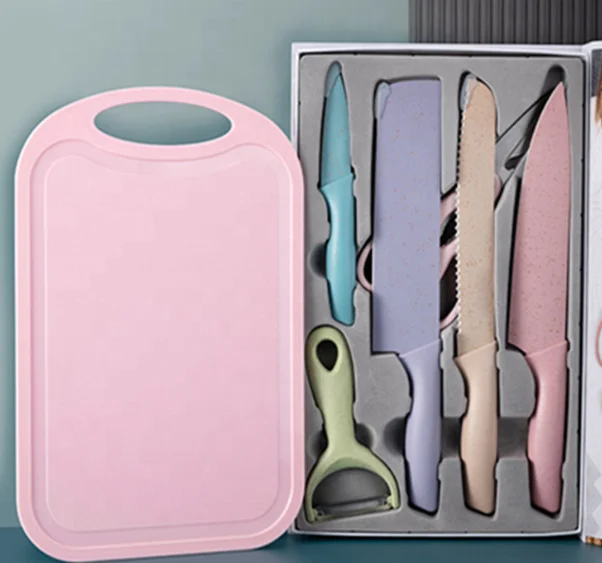 7pcs Colorful Stainless Steel Knife Set Kitchen Fruit Vegetable Kitchen Knives Wheat Straw Knife Set with Chopping Board