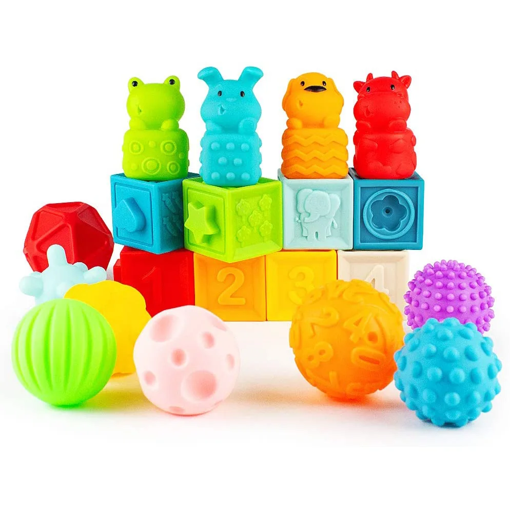 Baby Soft Building Blocks Bath Toys Colorful Educational Squeeze Play with Numbers Animals Shapes Textures