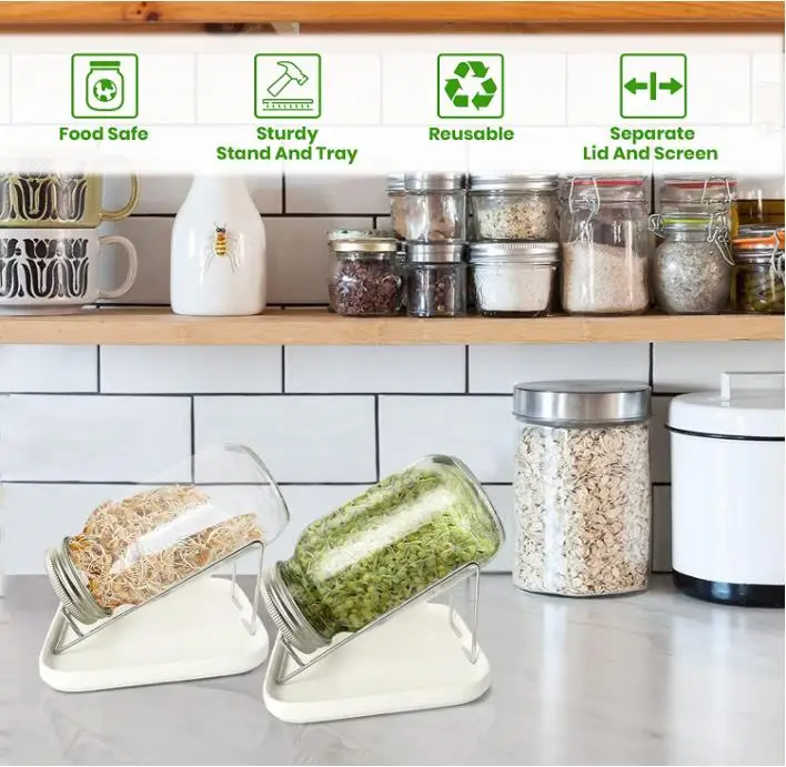 Mason Sprouting Jar Lid With Tray Set White Ceramic Plate And Metal Stand For Filtering Glass Seed Storage