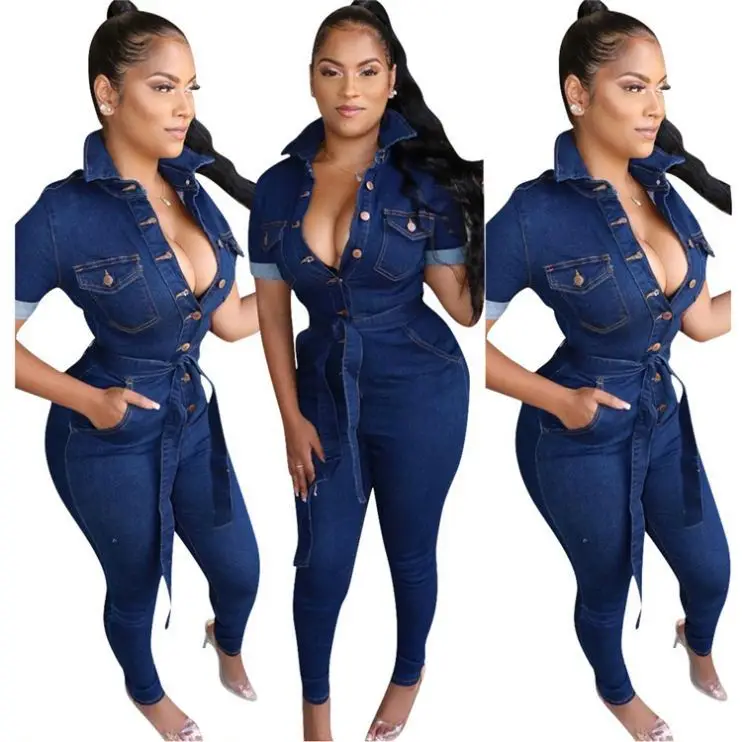 
10240NA Latest Design Turn down Collar Solid Color Button Up Mujer Jeans Women Trendy Style Sexy Women Jumpsuit  (62320848409)