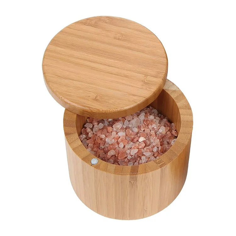 Bamboo Seasoning Jar Salt Box With Magnetic Suction Rotating Lid Spice Kitchen