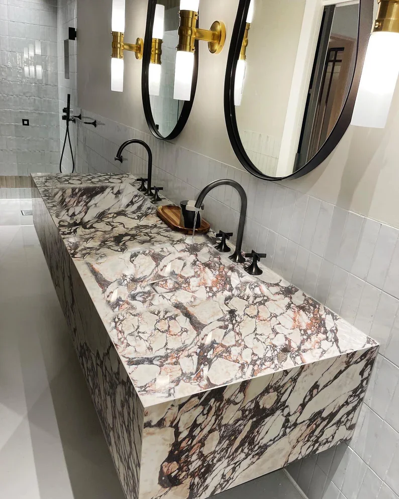 HUAXU Calacatta Viola Marble Double Sink Custom Order Wall Mounted Vanity for Powder Room or Bathroom Wall Mount Bath Washbasin