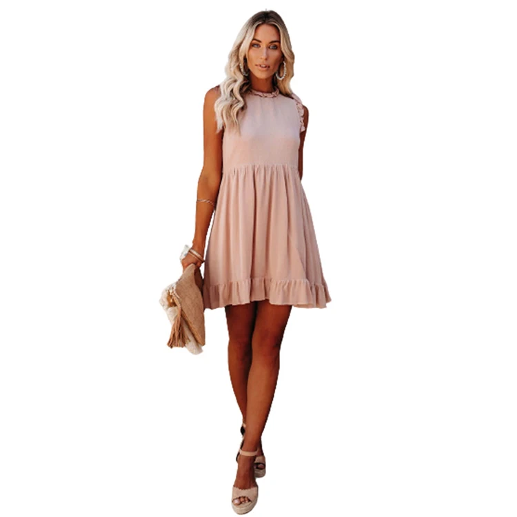 Chinese Products Wholesale Plus Size Linen Round Neck Tunic Ruffled Sleeveless Waist Midi Skirt Sexy Dresses