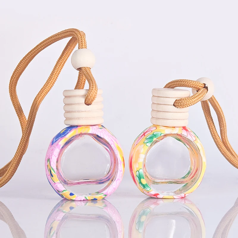 10ml Floral Art Printed Hanging Car Air Freshener Fragrance Diffuser Bottle Empty Glass Perfume Bottle Car Decor Gift