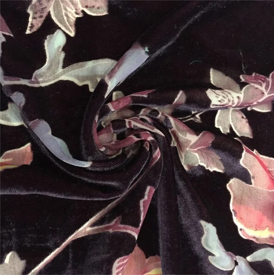 Hejin Manufacturer Custom High Quality Black Flower Stretch Printed Comfortable Woven Nylon Burnout Velvet Fabric for Clothing