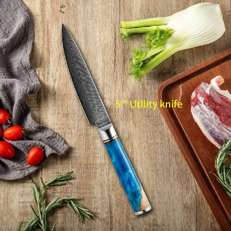 Premium kitchen knife blue resin and wooden handle 5inch utility Damascus kitchen knife
