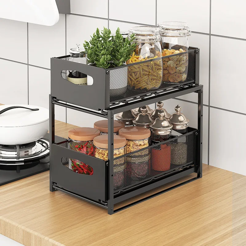 Kitchen Under the Sink Two Layers Drawer Type Corner Shelf Storage Rack pull out spice rack drawer organizer for cabinet